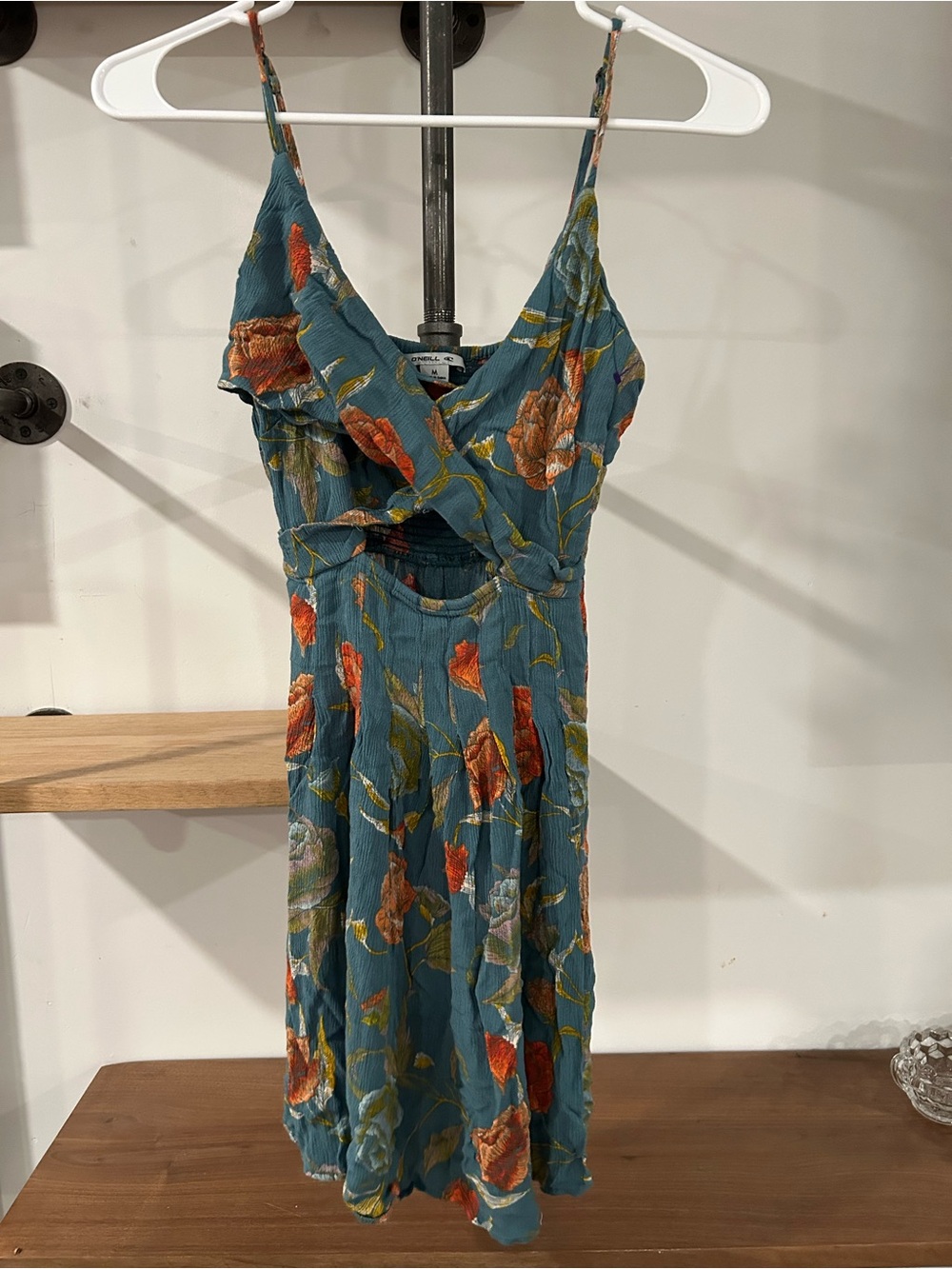 O'Neill Teal Floral V-Neck Spaghetti Strap Mini Dress